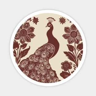 Peacock Ornament Folk Art Design, Maroon Magnet